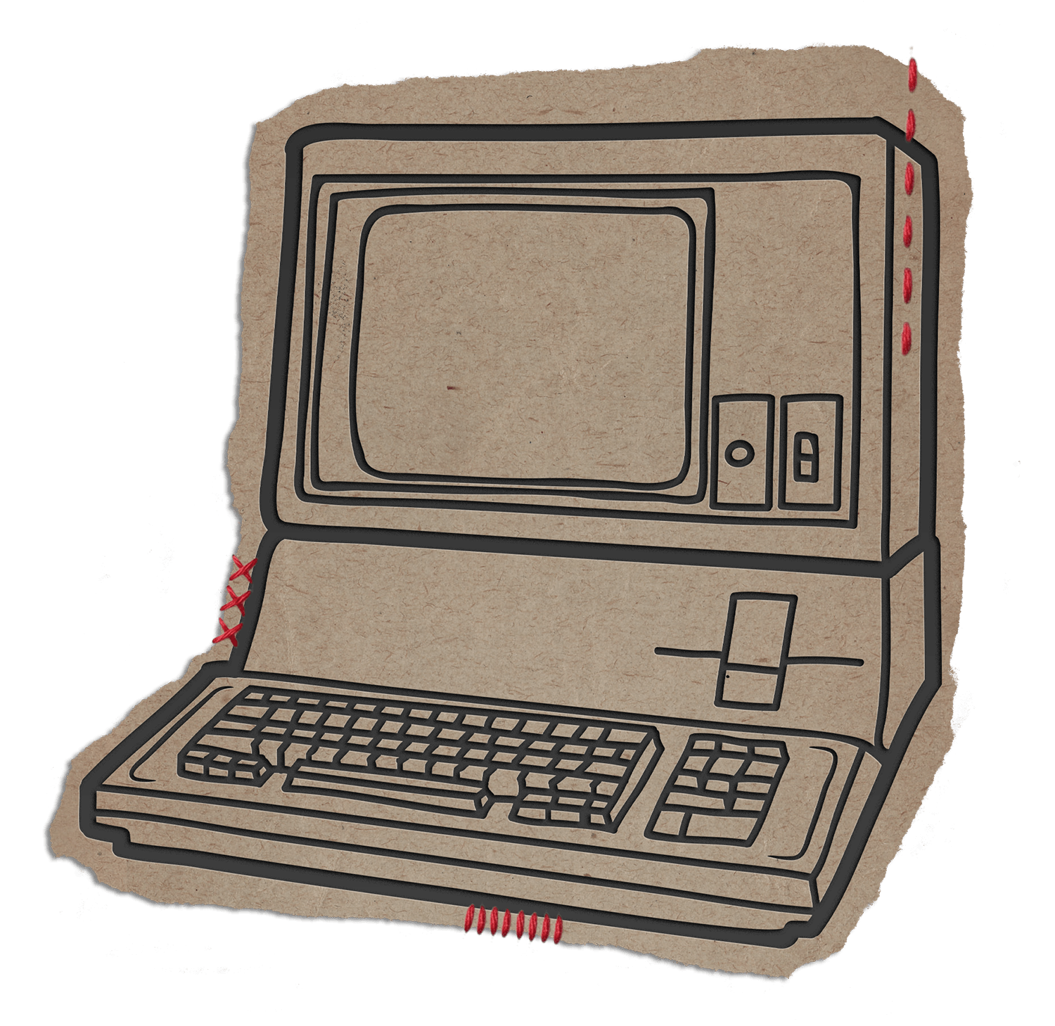 Illustration of a vintage desktop computer on brown paper texture.