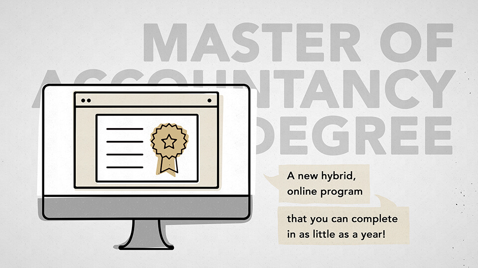 Illustration depicting a graduation certificate on a computer monitor over the words Master of Accountancy.